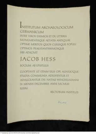 Jacob Hess: Ernennungsurkunde zum Mitglied des Institutum Archaeologicum Germanicum, Rom