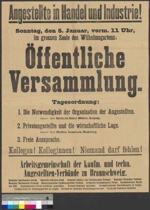 Ankündigung einer öffentlichen Versammlung von Angestellten am 5. Januar 1919 in Braunschweig