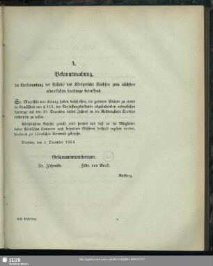 A. Bekanntmachung, die Versammlung der Stände des Königreichs Sachsen zum nächsten ordentlichen Landtage betreffend