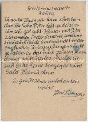 Postkarte eines entlassenen Kriegsgefangenen an die Eltern eines ehemaligen Mithäftlings - Personenkonvolut