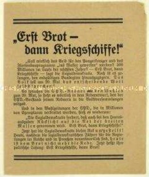 Flugschrift der KPD gegen die SPD und den geplanten Panzerkreuzerbau