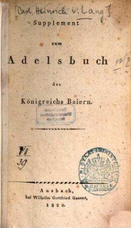 Adelsbuch des Königreichs Baiern. [2], Supplement