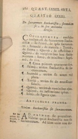 Quaestio LXXIII. De sacramento Eucharistiae, secundum se, in sex articulos divisa.