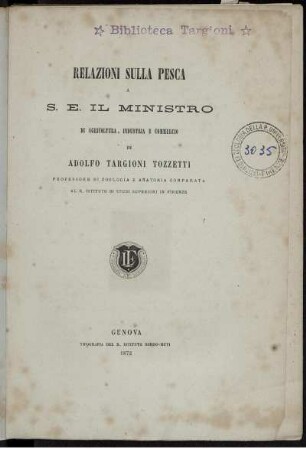 Relazioni Sulla Pesca A S. E. Il Ministro Di Agricoltura, Industria E Commercio