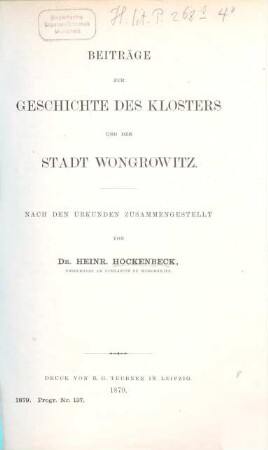 Beiträge zur Geschichte des Klosters und der Stadt Wongrowitz. 1