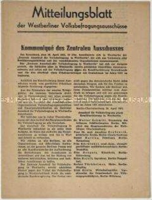 Mitteilungsblatt des Zentralen Ausschuss für Volksbefragung in Westberlin zur Volksbefragung gegen die Remilitarisierung Deutschlands und für einen Friedensvertrag