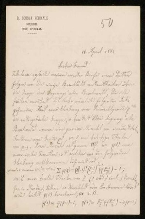 Nr. 25: Brief von Luigi Bianchi an Adolf Hurwitz, Pisa, 14.4.1882