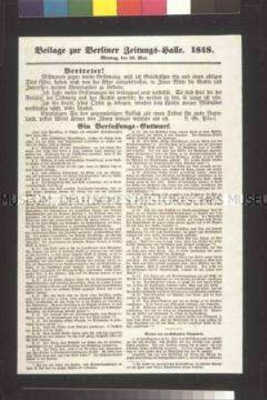 Flugblatt: Ein Verfassungs-Entwurf. Antwort des Grafen Pfeil auf den Verfassungsentwurf der Regierung. Beilage zur Berliner Zeitungs-Halle; 29. Mai 1848