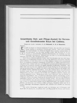 Isrealitische Heil- und Pflege-Anstalt für Nerven- und Gemütskranke Sayn bei Coblenz.