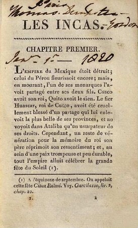 Les Incas, ou la destruction de l'empire du Pérou, 1