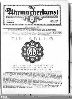 Einladung zur Lehrlings-Arbeiten-Prüfung des Zentralverbandes der Deutschen-Uhrmacher-Innungen u. Vereine