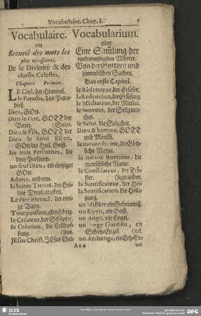 Vocabulair. ou Recueil des mots les plus nécessaires. Vocabularium. oder eine Sam[m]lung der nothwendigsten Wörter