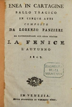 Enea in Cartagine : Ballo tragico in cinque atti