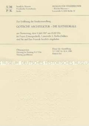 Einladungskarte zur Eröffnung der Ausstellung "Gotische Architektur - Die Kathedrale" im Museum für Völkerkunde Berlin (Deckblatt mit Blindenschrift)