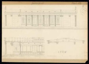 Gartensaal Monatskonkurrenz Oktober 1827: Aufriss Seitenansicht, Teillängsschnitt, Querschnitt; Maßstabsleiste