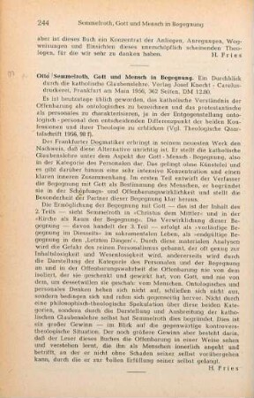 244 [Rezension] Semmelroth, Otto, Gott und Mensch in Begegnung