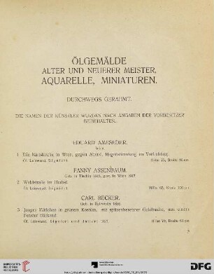 Ölgemälde alter und neurer Meister, Aquarelle, Miniaturen (Nr. 1-125)
