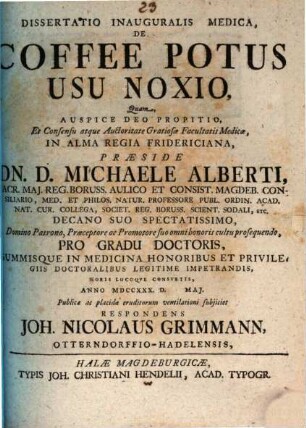 Diss. inaug. med. de coffee potus usu noxio