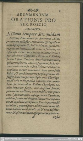 Argumentum Orationis Pro Sex. Roscio Amerino