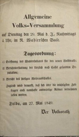 Allgemeine Volks-Versammlung. Fulda, am 27. Mai 1849.