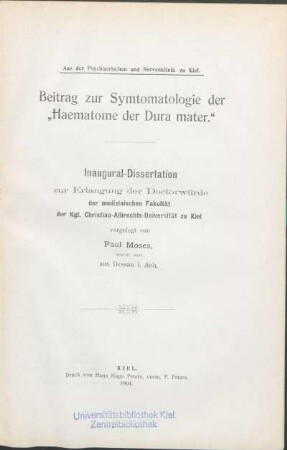 Beitrag zur Symtomatologie der "Haematome der Dura mater"