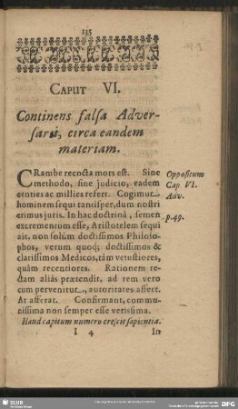 Caput VI. Continens falsa Adversarii, circa eandem materiam