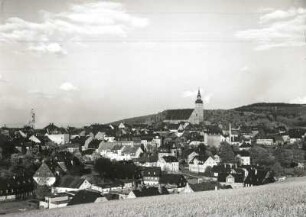 Schneeberg, Ansicht mit Stadtkirche St. Wolfgang gegen Gleesberg. Ansicht vom Mühlberg nach Osten