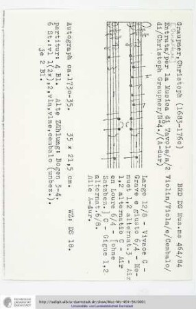 Entrata / per la Musica di Tavola / a / 2 Violin / Viola / e / Cembalo / di / Christoph Graupner / No 4.