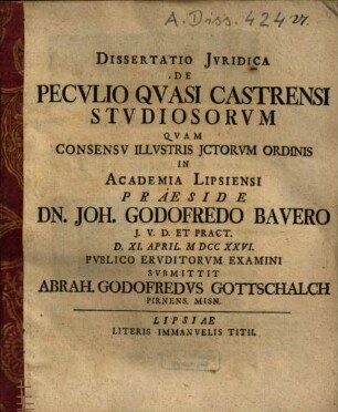Dissertatio Jvridica De Pecvlio Qvasi Castrensi Stvdiosorvm