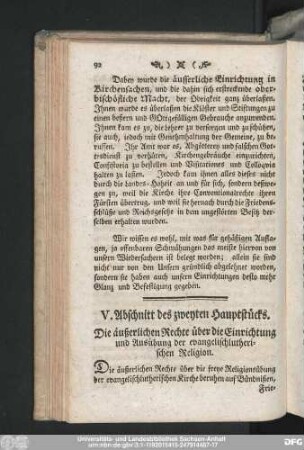 V. Abschnitt des zweyten Hauptstücks. Die äußerlichen Rechte über die Einrichtung und Ausübung der evangelischlutherischen Religion.