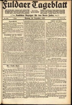 Erste Ausgabe vom Montag, den 20. Dezember 1920.