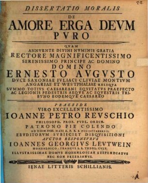 Dissertatio Moralis De Amore Erga Devm Pvro