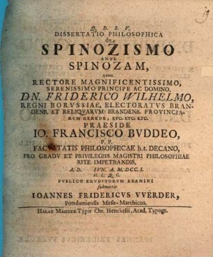 Diss. philos. de Spinozismo ante Spinozam