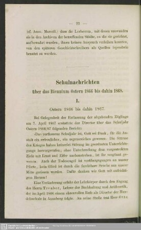 Schulnachrichten über das Biennium Ostern 1866 bis dahin 1868