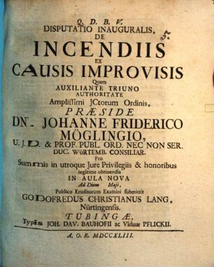 Disputatio inauguralis, De Incendiis Ex Causis Improvisis