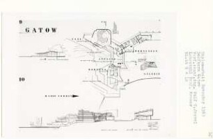 Dorfkern Gatow, Berlin-Spandau (Diplomarbeit bei Willy Kreuer): Ferienakademie für die Schönen Künste, Grundrisse Wohnungen, Atelier, Saal, Galerie Ansicht von Norden und Schnitte