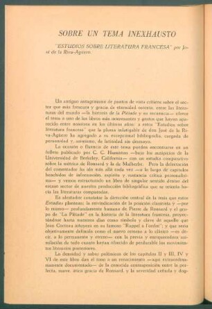 Sobre un tema inexhausto - "Estudios sobre literatura francesa" por José de la Riva-Agüero