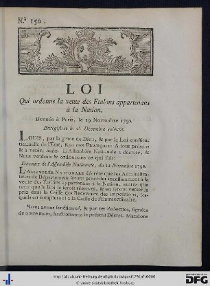 Loi, Qui ordonne la vente des Etalons appartenans à la nation.