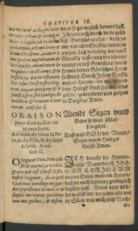 Oraison pour dire au soir en se couchant. = Abendt Segen unnd Gebet so man schlaffen gehet.