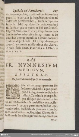 Ad Fr. Nunnesium Medicum, Epistola, De senectutis molestiis, & incommodis
