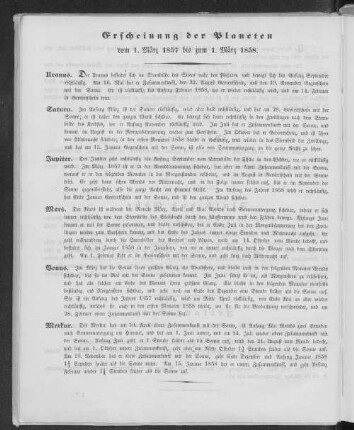 Erscheinung der Planeten vom 1. März 1857 bis zum 1. März 1858.