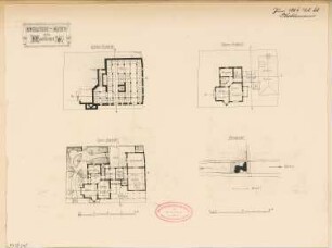 Villa, Cochem Monatskonkurrenz Juni 1884: Lageplan, Grundriss Keller, Erdgeschoss, Obergeschoss; 2 Maßstabsleisten