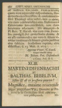 XCIII. Martini Difenbachii ad Balthas. Bebelium