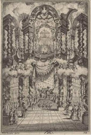 Bühnenbild für die Oper „Teodosio il Giovane“ von Filippo Amadei im Teatro Ottoboni des Palazzo della Cancelleria in Rom im Jahr 1711 (Akt 3, Szene 17: Theatermaschine, die den Palast der Weisheit vorstellt)
