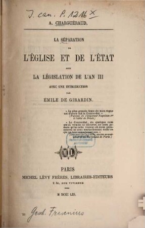 La séparation de l'église et de l‛état sous la législation de l‛an III : Avec une introd. par Émile Girardin