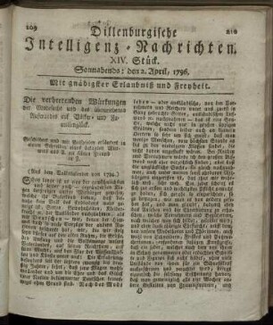 XIV. Stück. Sonnabends: den 2. April 1796.