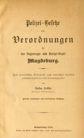 Polizei-Gesetze und Verordnungen für den Regierungs- und Polizei-Bezirk Magdeburg