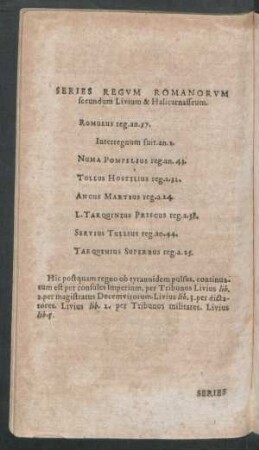 Series Regum Romanorum secundum Livium & Halicarnasseum.