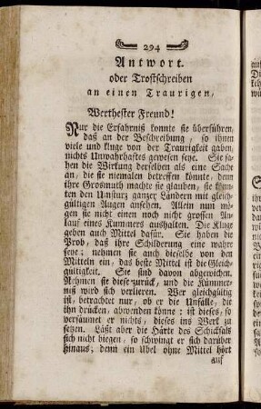 Antwort oder Trostschreiben an einen Traurigen