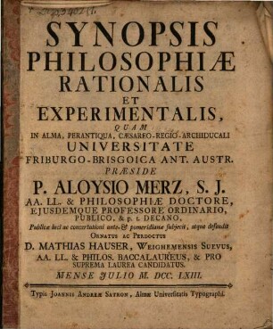 Synopsis philosophiae rationalis et experimentalis